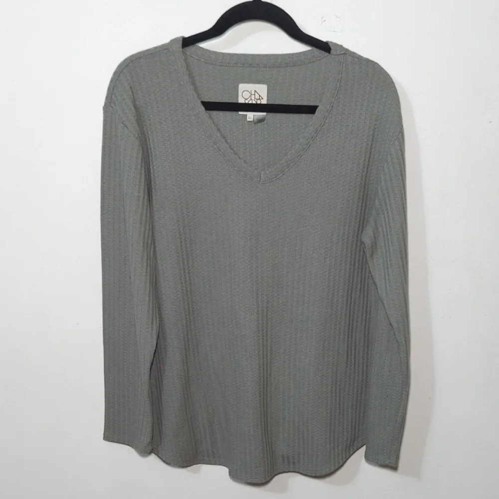 Chaser Waffle Knit Thermal Top Green Long Sleeve V-Neck Women's Size XL